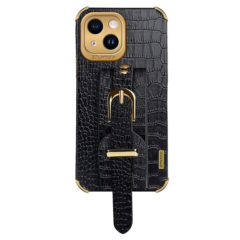 iPhone 14 Crocodile Leather Case with Built-in Strap - Black