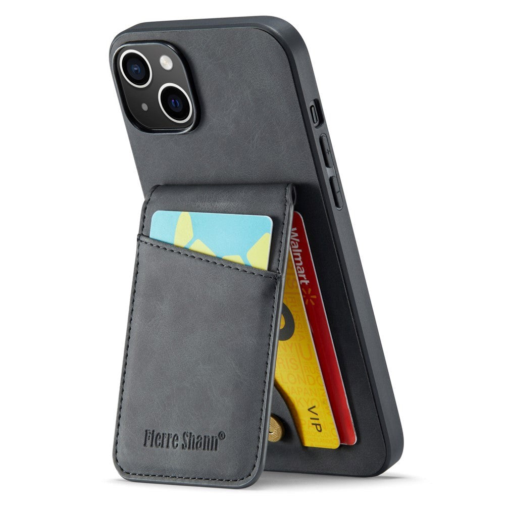 iPhone 14 Leather Covered Plastic Case w. Card Holders and Stand Function - Black