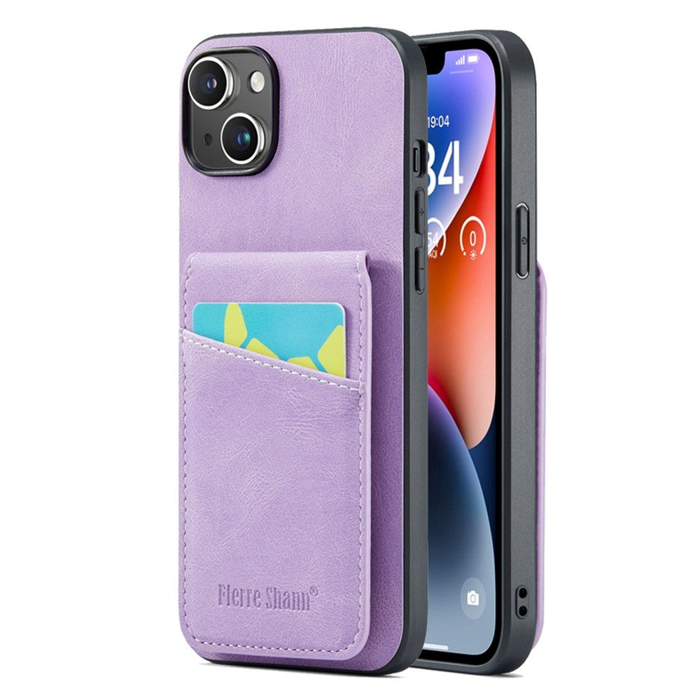 iPhone 14 Leather Covered Plastic Case w. Card Holders and Stand Function - Purple