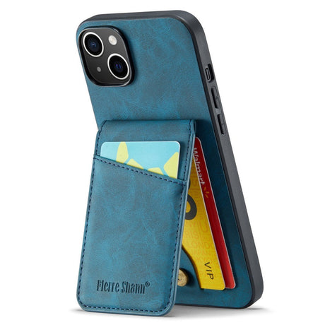 iPhone 14 Leather Covered Plastic Case w. Card Holders and Stand Function - Blue