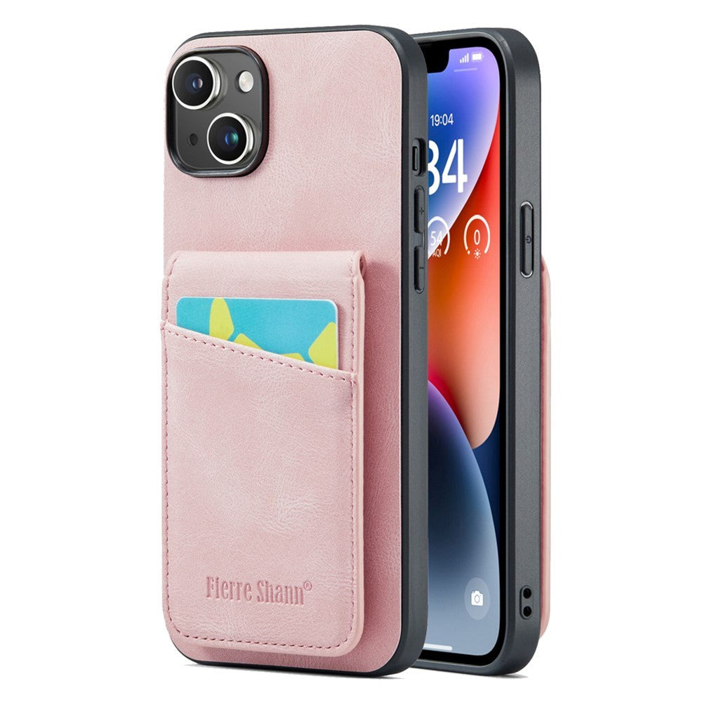 iPhone 14 Leather Covered Plastic Case w. Card Holders and Stand Function - Pink