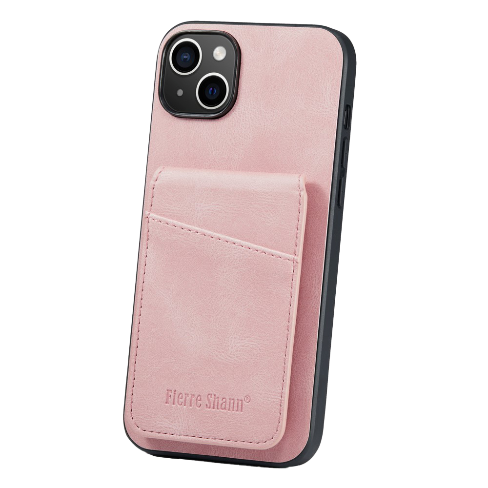 iPhone 14 Leather Covered Plastic Case w. Card Holders and Stand Function - Pink