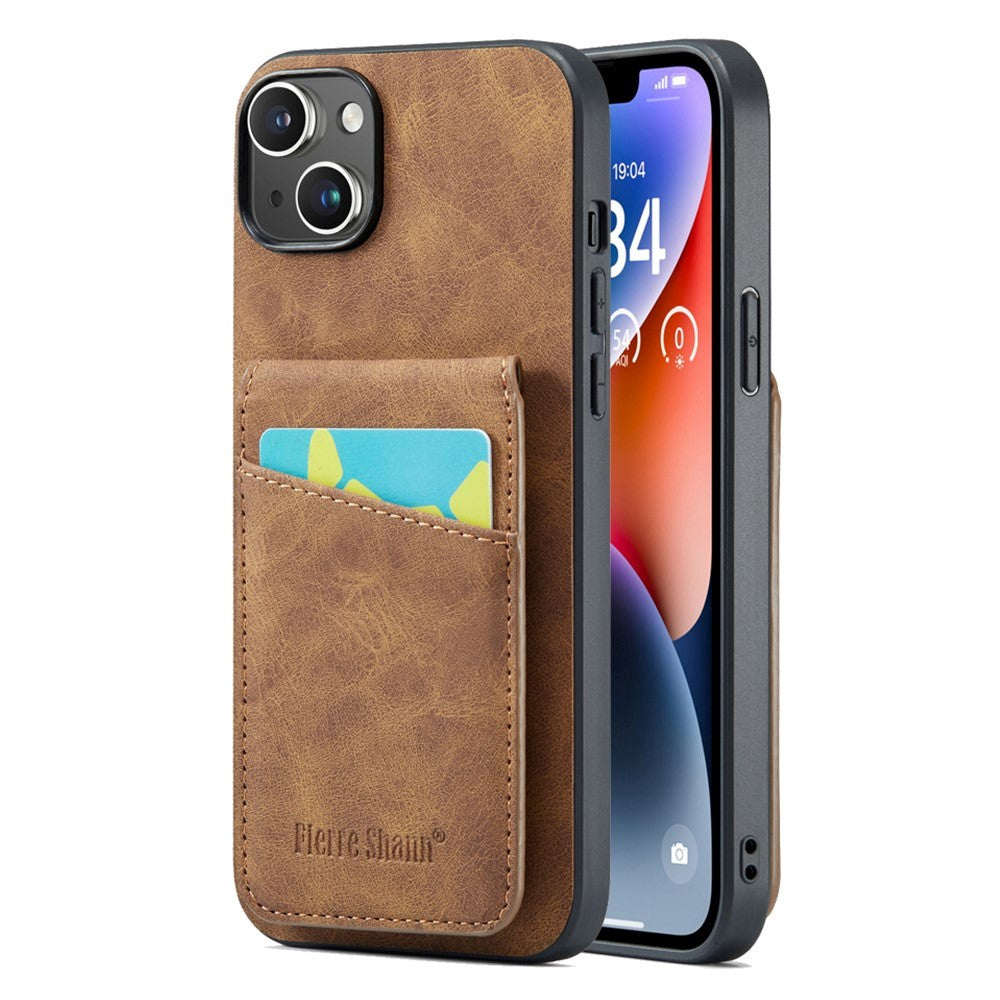 iPhone 14 Leather Covered Plastic Case w. Card Holders and Stand Function - Brown