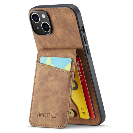 iPhone 14 Leather Covered Plastic Case w. Card Holders and Stand Function - Brown