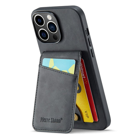 iPhone 14 Pro Leather Covered Plastic Case w. Card Holders and Stand Function - Black