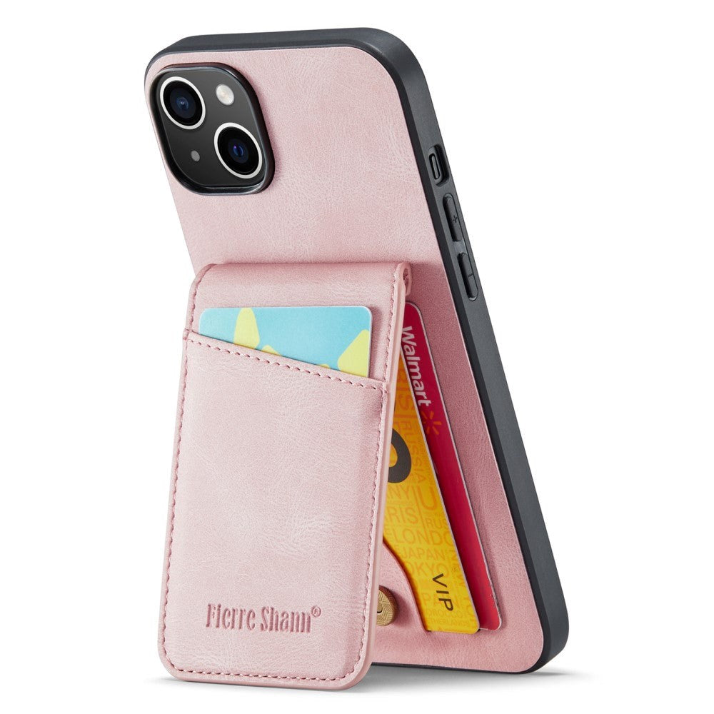 iPhone 13 Leather Covered Plastic Case w. Card Holders and Stand Function - Pink