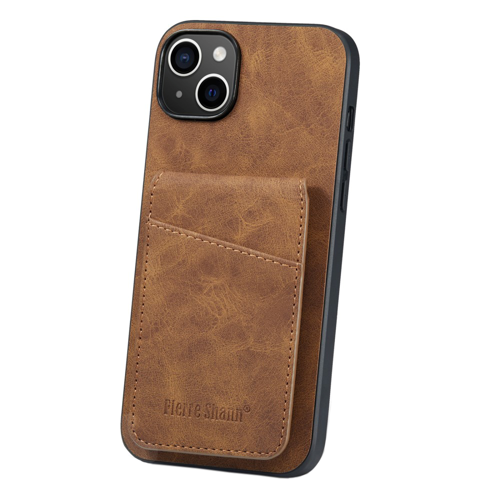 iPhone 13 Leather Covered Plastic Case w. Card Holders and Stand Function - Brown