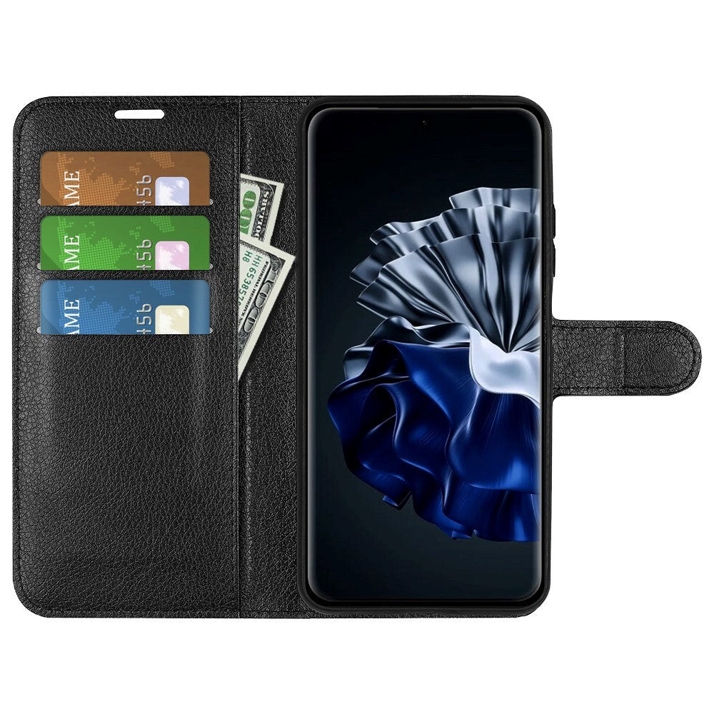 Huawei P60 Pro Litchi Leather Case w. Wallet - Black