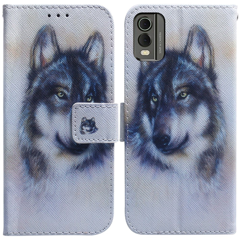 Nokia C32 Leather Wallet Case w. Print - Wolf