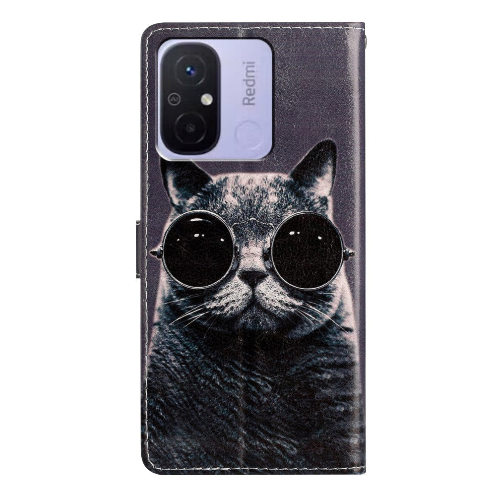 Xiaomi Redmi 12C PU Leather Flip Case w. Wallet and Strap - Cat with Sunglasses