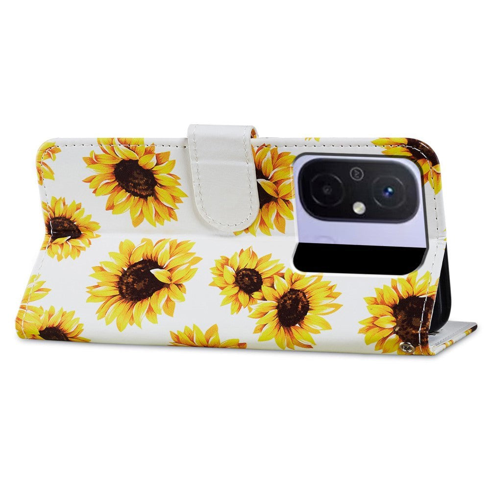 Xiaomi Redmi 12C PU Leather Flip Case w. Wallet and Strap - Sunflowers