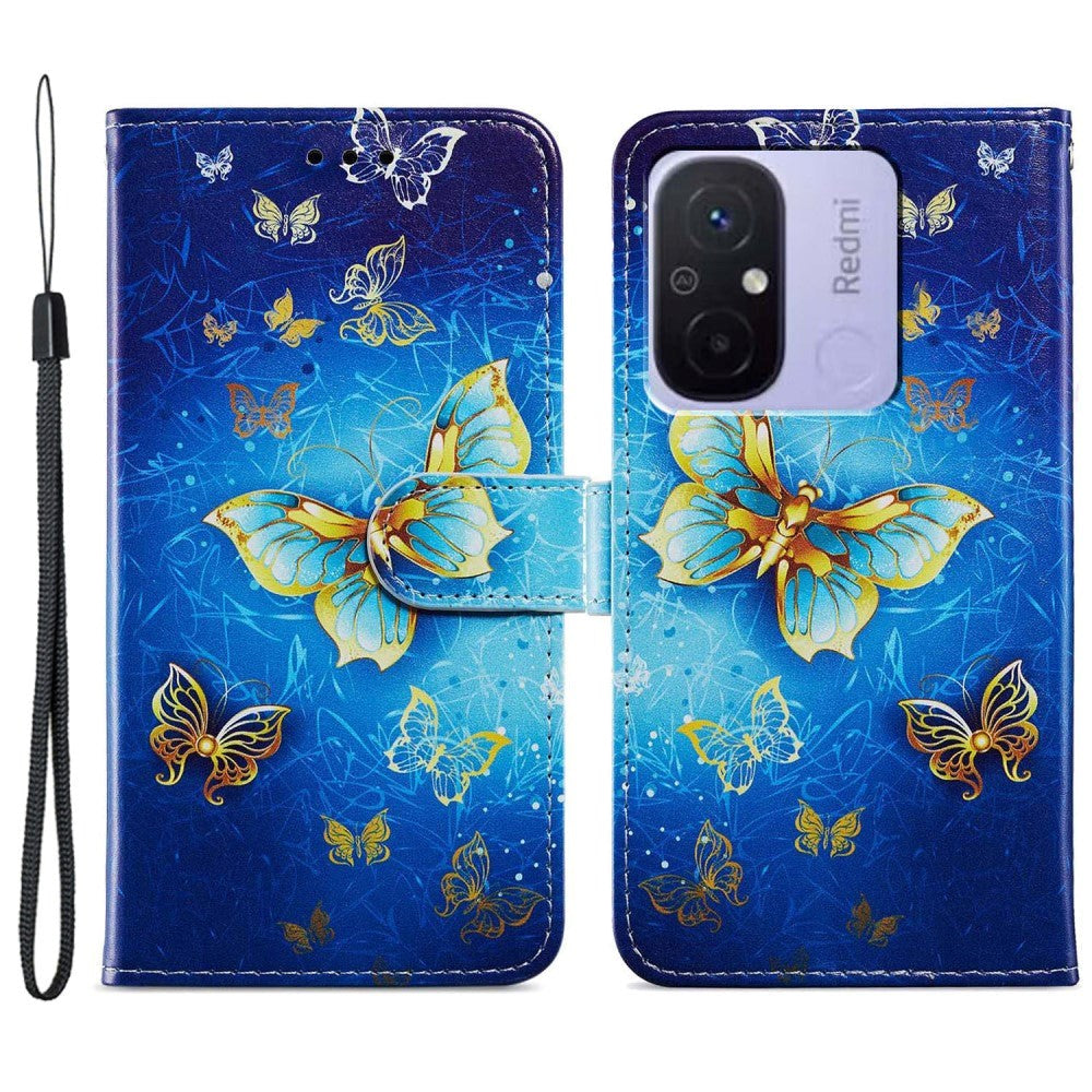 Xiaomi Redmi 12C PU Leather Flip Case w. Wallet and Strap - Gold Butterflies