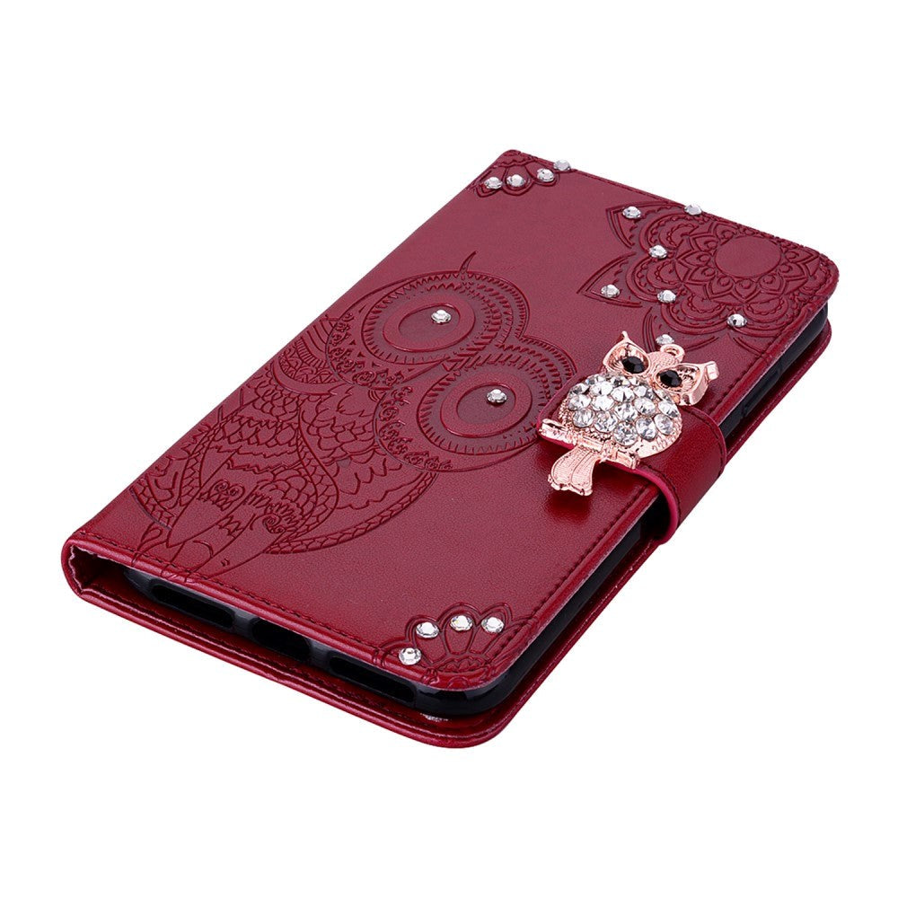 Google Pixel 8 Owl & Rhinestone Leather Wallet Case - Red