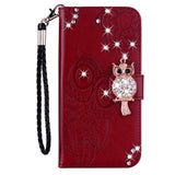 Google Pixel 8 Owl & Rhinestone Leather Wallet Case - Red