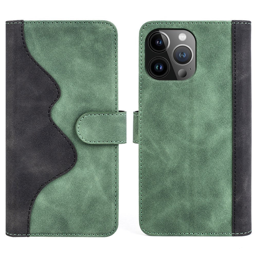 iPhone 15 Pro Max Multicolored Leather Flip Case with Card Holder - Black / Green