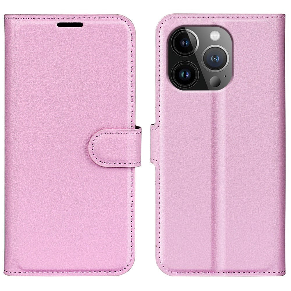 iPhone 15 Pro Max Litchi Leather Case w. Wallet - Rosa