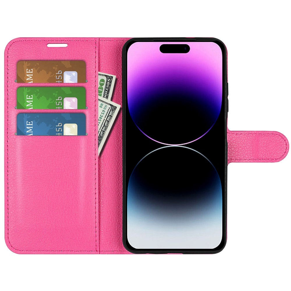 iPhone 15 Pro Max Litchi Leather Case w. Wallet - Pink