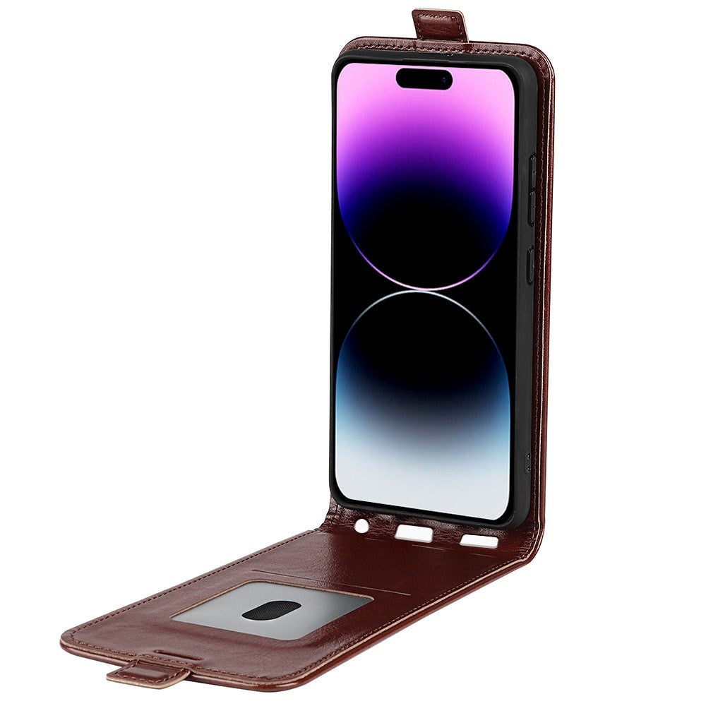 iPhone 15 Pro Max Vertical Leather Flip Case w. Card Holder - Brown