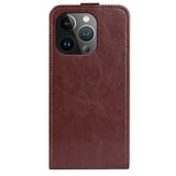 iPhone 15 Pro Max Vertical Leather Flip Case w. Card Holder - Brown