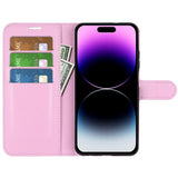 iPhone 15 Pro Litchi Leather Case w. Wallet - Pink