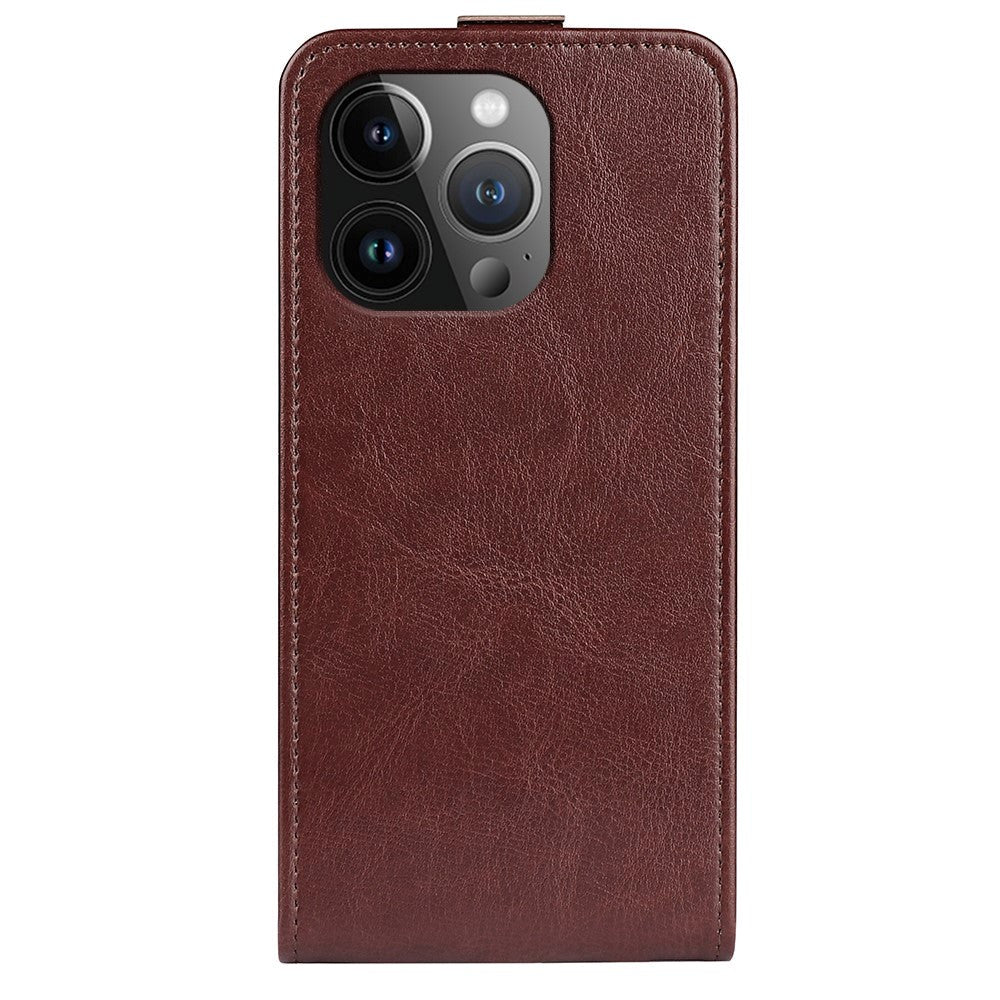 iPhone 15 Pro Vertical Leather Flip Cover w. Card Holder - Brown