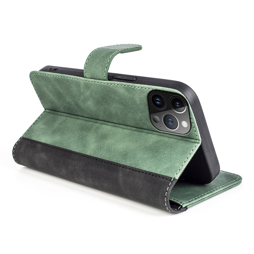 iPhone 15 Pro Multicolored Leather Flip Case with Card Holder - Black / Green