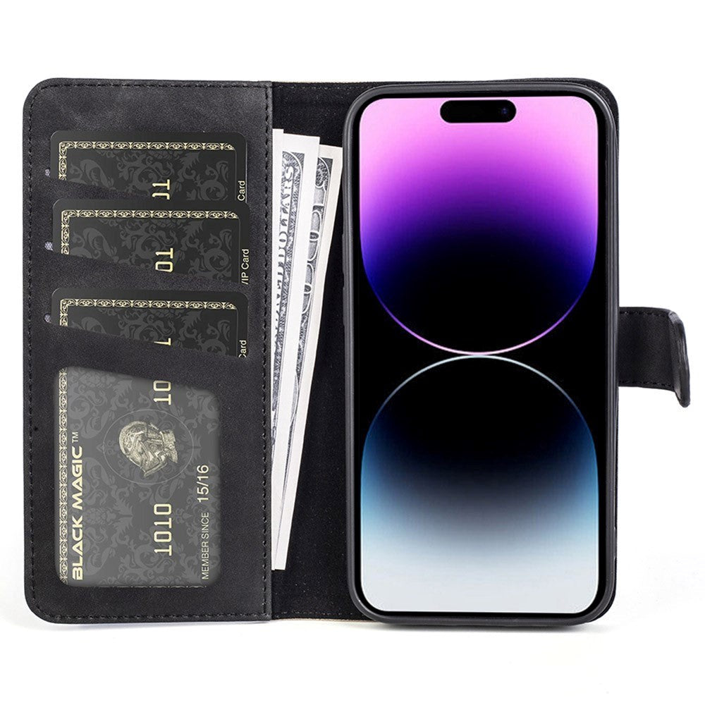 iPhone 15 Pro Multicolored Flip Leather Cover with Wallet - Black / Light Brown