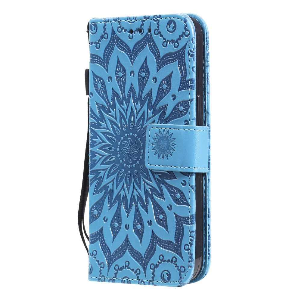 iPhone 15 Leather Case with Wallet and Strap - Mandala Flower - Blue