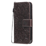 iPhone 15 Leather Case with Wallet and Strap - Mandala Flower - Dark Brown