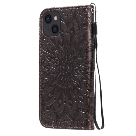 iPhone 15 Leather Case with Wallet and Strap - Mandala Flower - Dark Brown