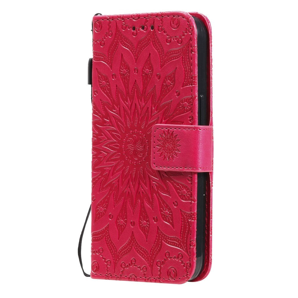 iPhone 15 Leather Case with Wallet and Strap - Mandala Flower - Red