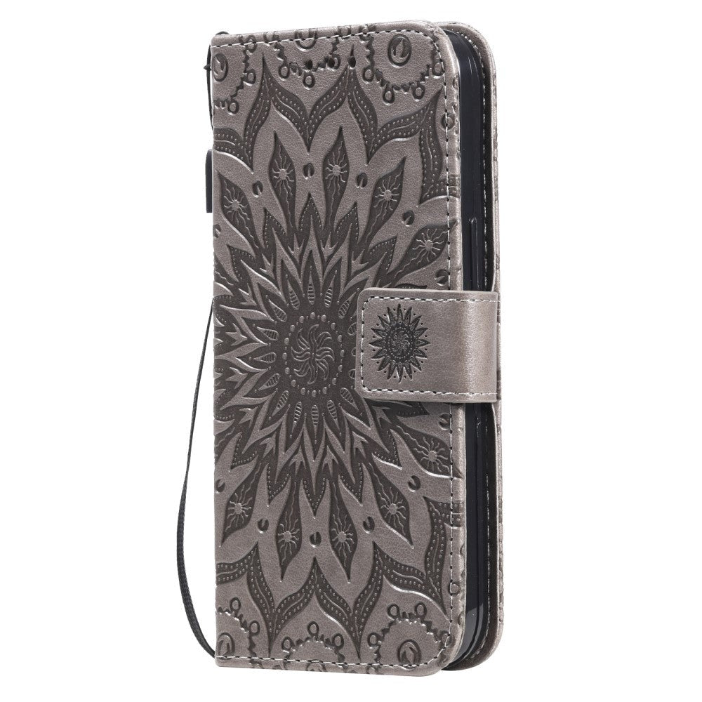 iPhone 15 Leather Case with Wallet and Strap - Mandala Flower - Brown