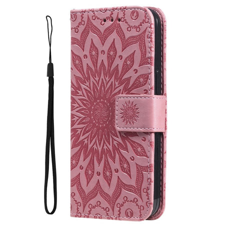 iPhone 15 Plus Leather Case with Wallet and Strap - Mandala Flower - Pink