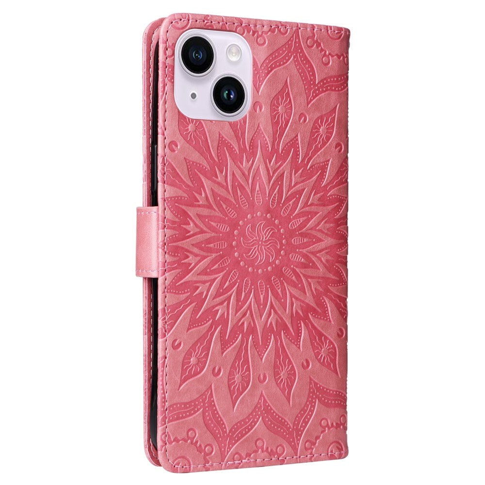 iPhone 15 Plus Leather Case with Wallet and Strap - Mandala Flower - Pink