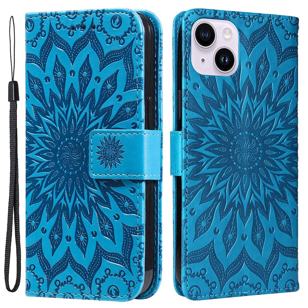 iPhone 15 Leather Case with Wallet and Strap - Mandala Flower - Blue