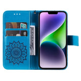 iPhone 15 Plus Leather Case with Wallet and Strap - Mandala Flower - Blue