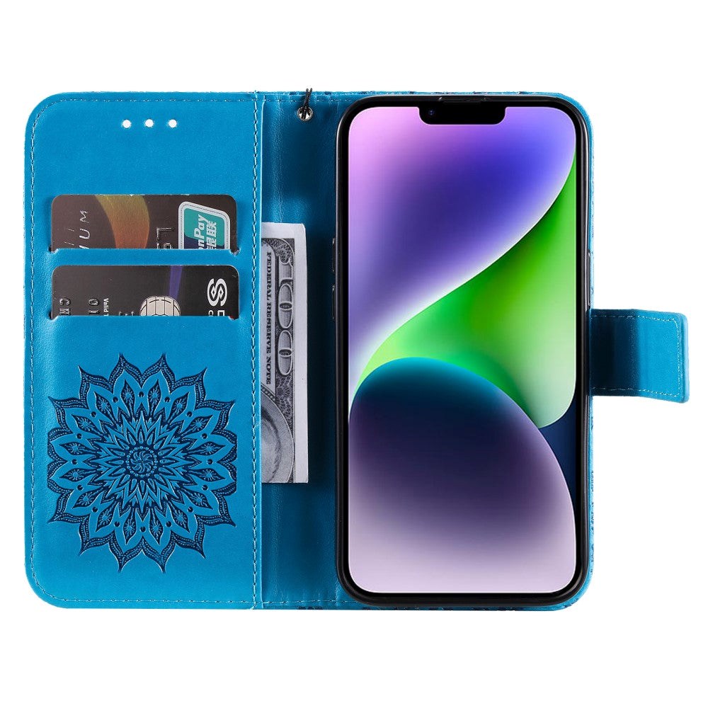 iPhone 15 Leather Case with Wallet and Strap - Mandala Flower - Blue