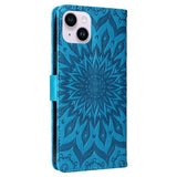 iPhone 15 Leather Case with Wallet and Strap - Mandala Flower - Blue