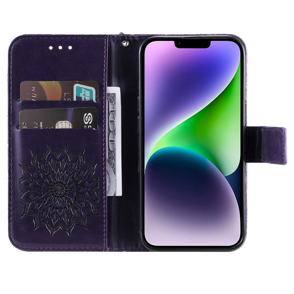 iPhone 15 Plus Leather Case with Wallet and Strap - Mandala Flower - Purple