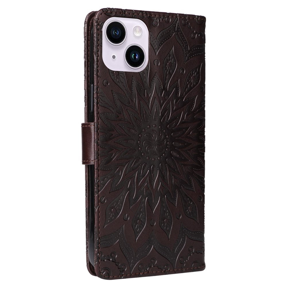 iPhone 15 Plus Leather Case with Wallet and Strap - Mandala Flower - Brown