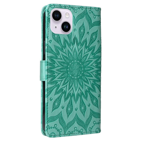 iPhone 15 Leather Case with Wallet and Strap - Mandala Flower - Green