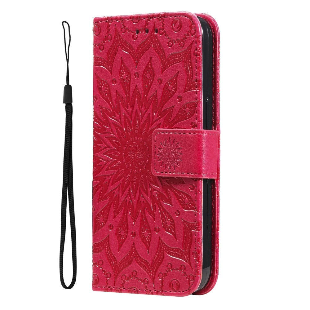 iPhone 15 Plus Leather Case with Wallet and Strap - Mandala Flower - Red