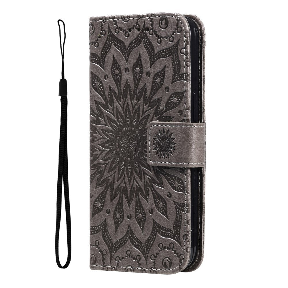 iPhone 15 Plus Leather Case with Wallet and Strap - Mandala Flower - Grey