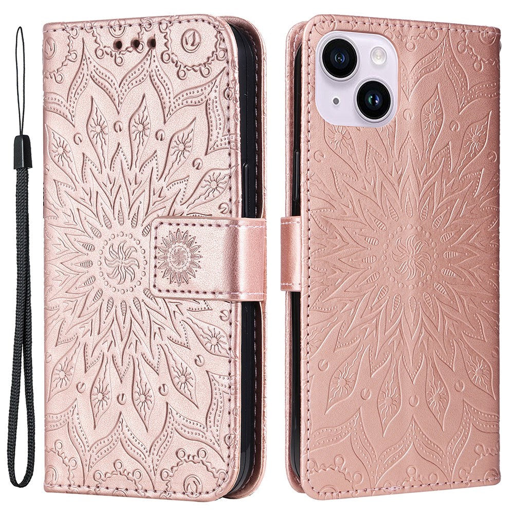 iPhone 15 Leather Case with Wallet and Strap - Mandala Flower - Rose Gold