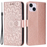 iPhone 15 Plus Leather Case with Wallet and Strap - Mandala Flower - Rose Gold