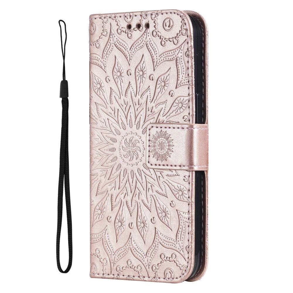 iPhone 15 Plus Leather Case with Wallet and Strap - Mandala Flower - Rose Gold