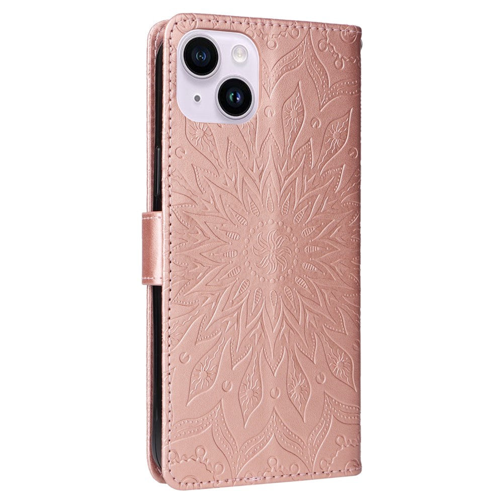 iPhone 15 Leather Case with Wallet and Strap - Mandala Flower - Rose Gold