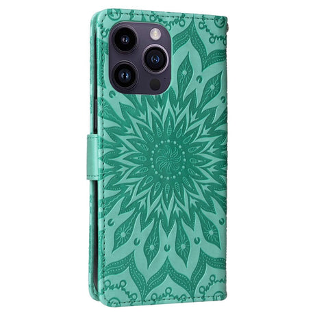 iPhone 15 Pro Max Leather Case with Wallet and Strap - Mandala Flower - Green