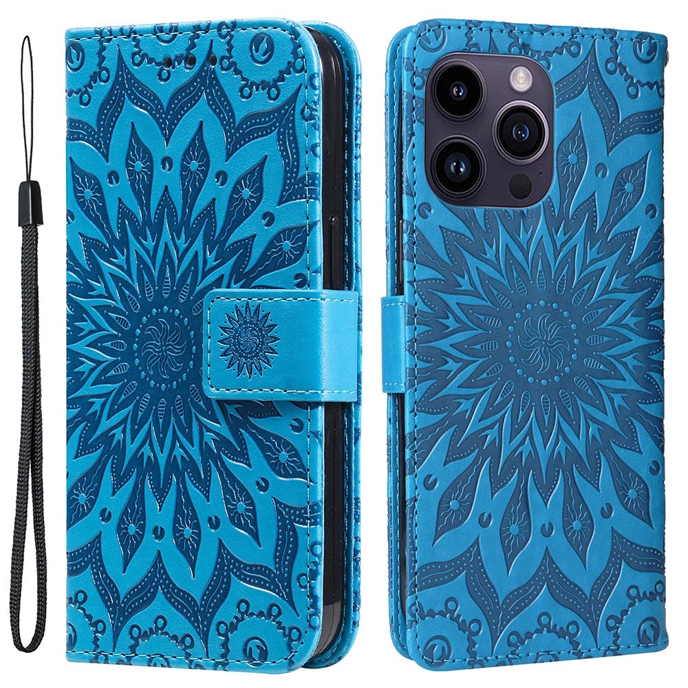 iPhone 15 Pro Max Leather Case with Wallet and Strap - Mandala Flower - Blue