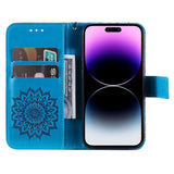 iPhone 15 Pro Max Leather Case with Wallet and Strap - Mandala Flower - Blue